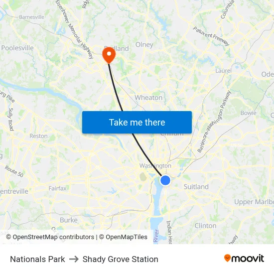 Nationals Park to Shady Grove Station map
