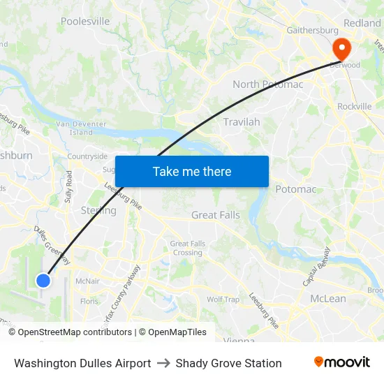 Washington Dulles Airport to Shady Grove Station map