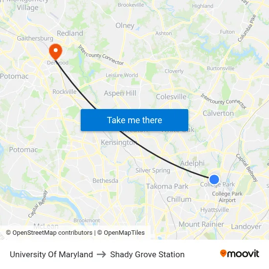 University Of Maryland to Shady Grove Station map