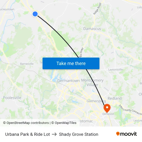 Urbana Park & Ride Lot to Shady Grove Station map