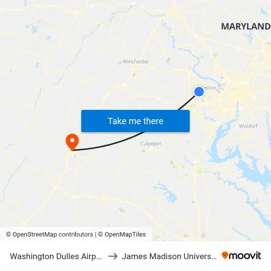 Washington Dulles Airport to James Madison University map