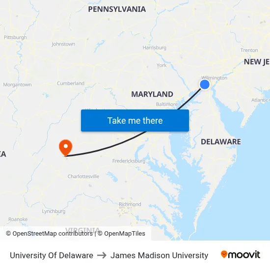 University Of Delaware to James Madison University map
