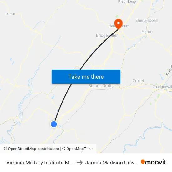 Virginia Military Institute Museum to James Madison University map