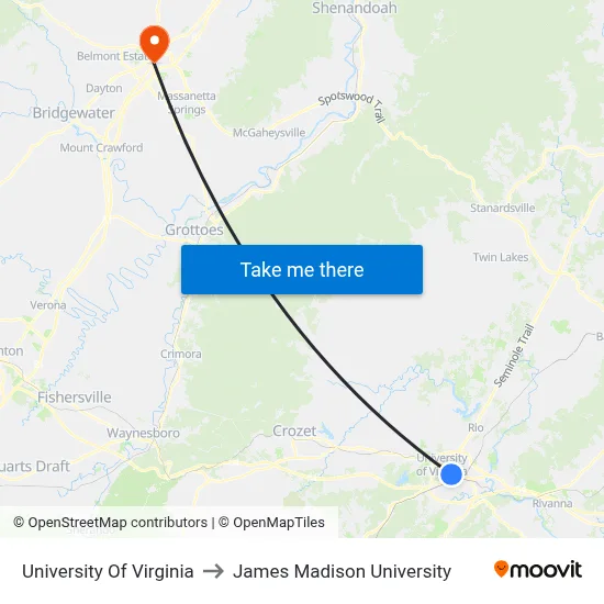 University Of Virginia to James Madison University map
