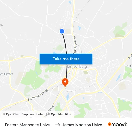 Eastern Mennonite University to James Madison University map