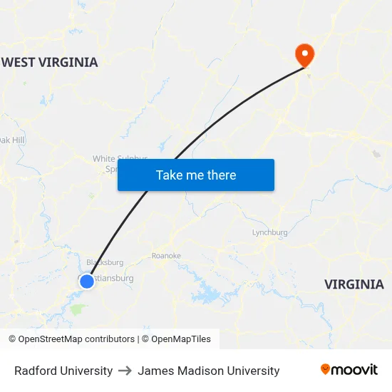 Radford University to James Madison University map