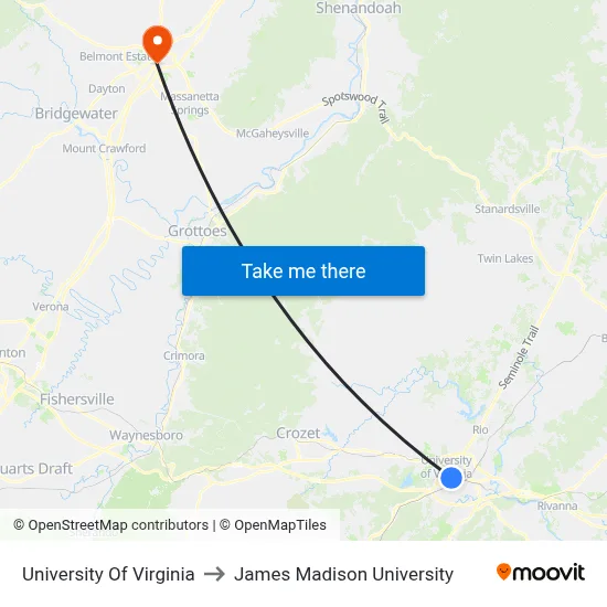 University Of Virginia to James Madison University map