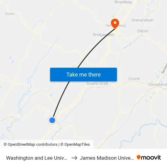 Washington and Lee University to James Madison University map
