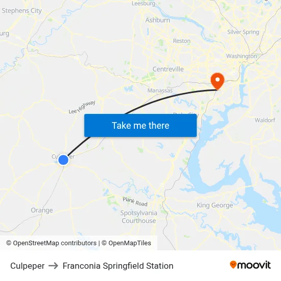 Culpeper to Franconia Springfield Station map