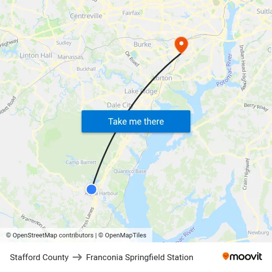 Stafford County to Franconia Springfield Station map