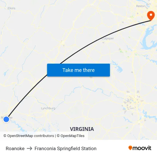 Roanoke to Franconia Springfield Station map