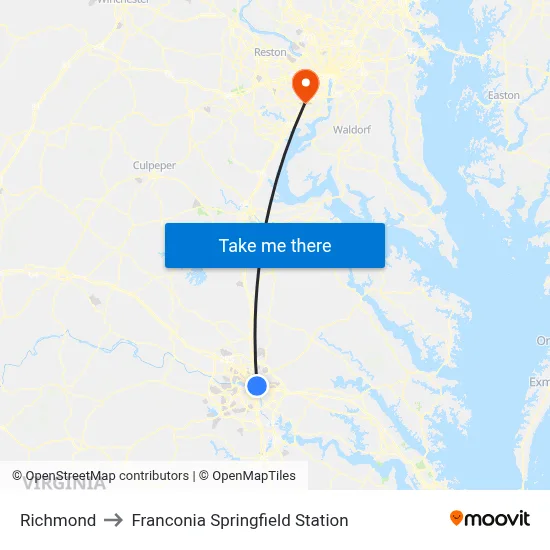 Richmond to Franconia Springfield Station map