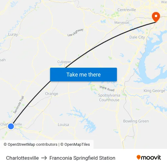 Charlottesville to Franconia Springfield Station map