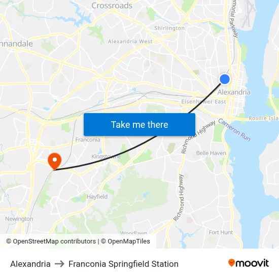 Alexandria to Franconia Springfield Station map
