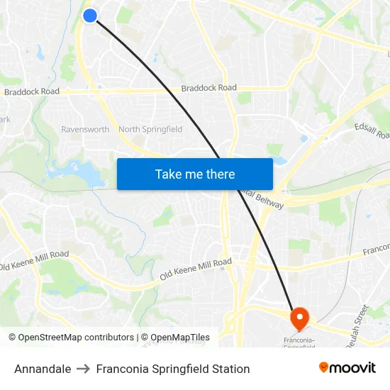 Annandale to Franconia Springfield Station map