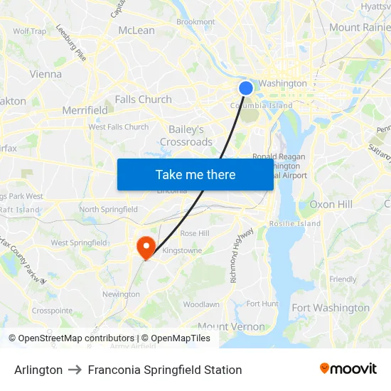Arlington to Franconia Springfield Station map