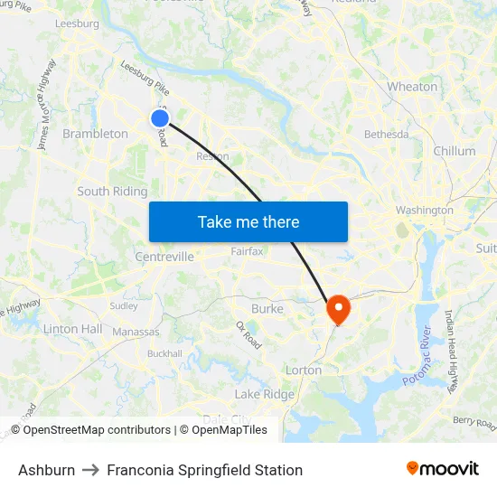 Ashburn to Franconia Springfield Station map