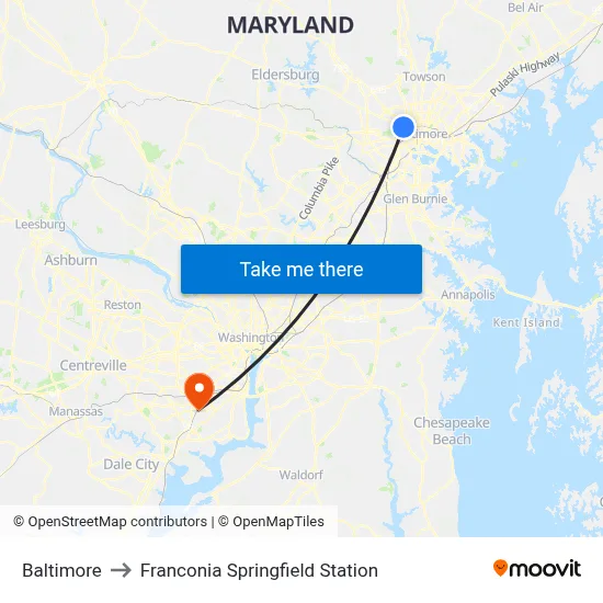 Baltimore to Franconia Springfield Station map