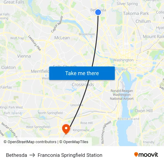 Bethesda to Franconia Springfield Station map