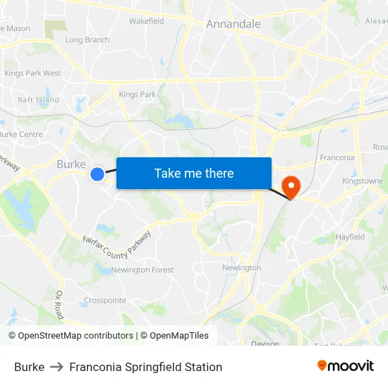 Burke to Franconia Springfield Station map