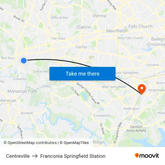 Centreville to Franconia Springfield Station map