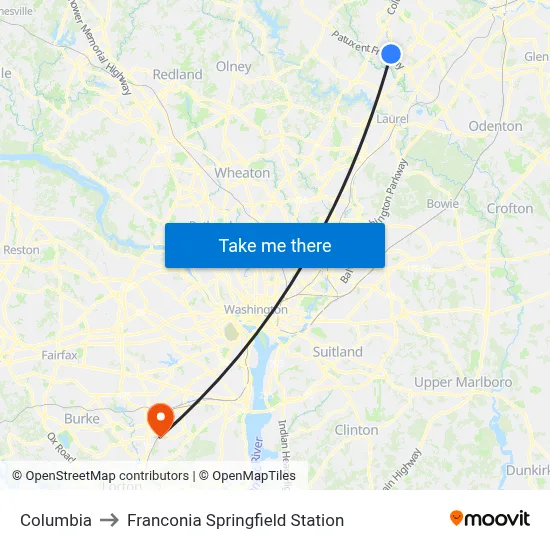Columbia to Franconia Springfield Station map