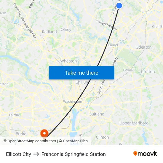 Ellicott City to Franconia Springfield Station map