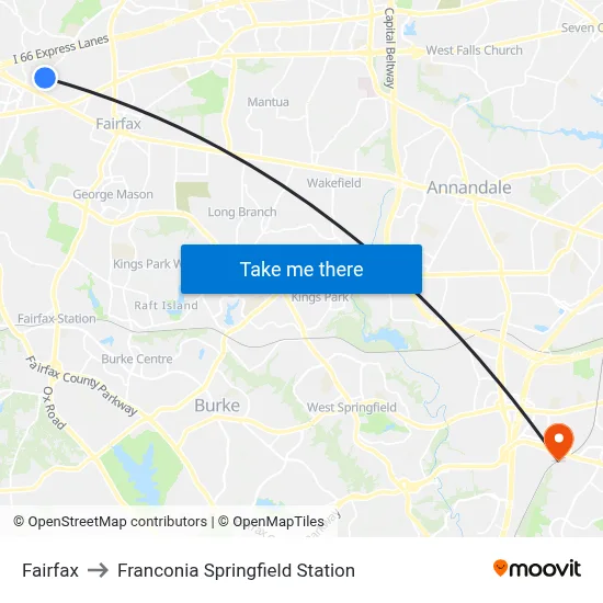 Fairfax to Franconia Springfield Station map