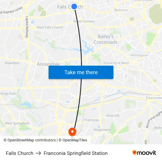 Falls Church to Franconia Springfield Station map