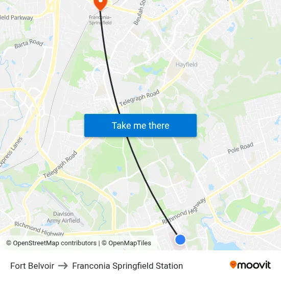 Fort Belvoir to Franconia Springfield Station map