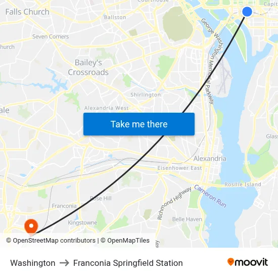 Washington to Franconia Springfield Station map