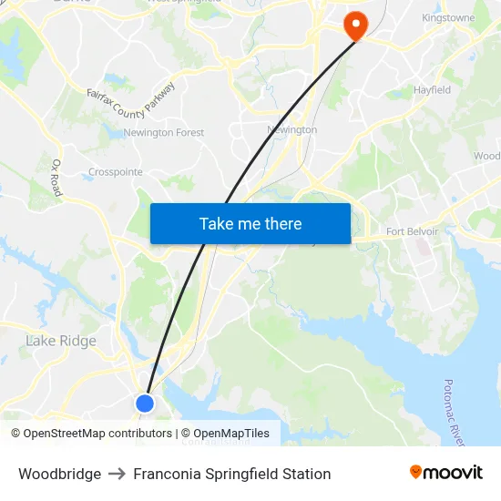 Woodbridge to Franconia Springfield Station map