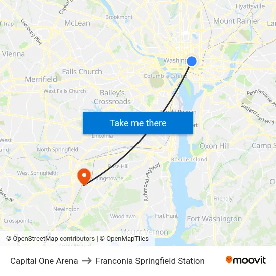 Capital One Arena to Franconia Springfield Station map