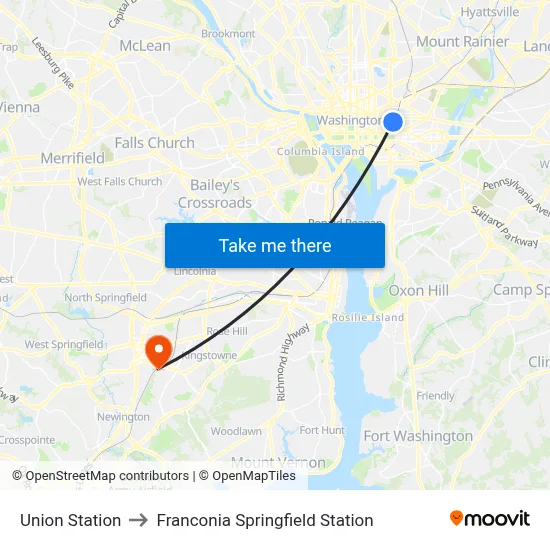 Union Station to Franconia Springfield Station map