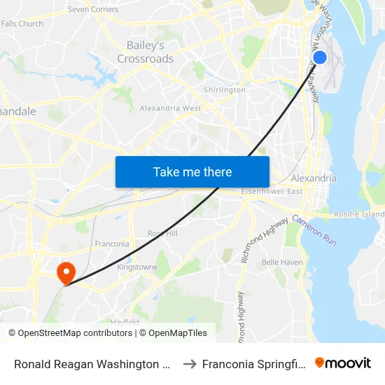 Ronald Reagan Washington National Airport to Franconia Springfield Station map
