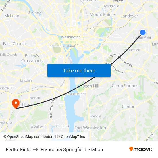 FedEx Field to Franconia Springfield Station map