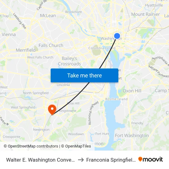 Walter E. Washington Convention Center to Franconia Springfield Station map