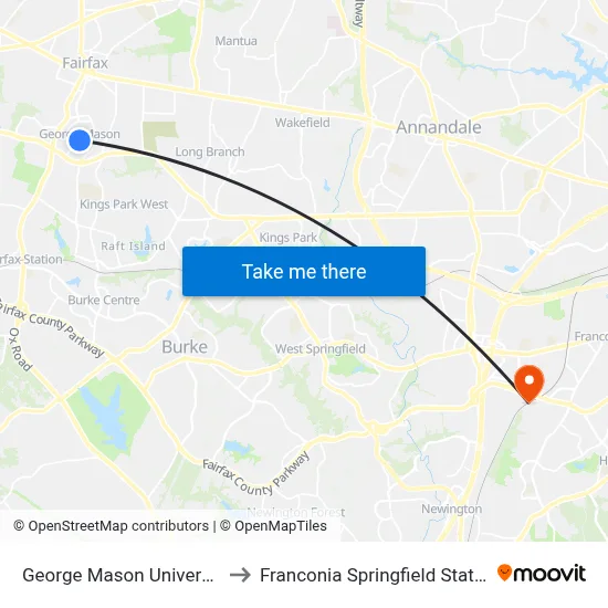 George Mason University to Franconia Springfield Station map