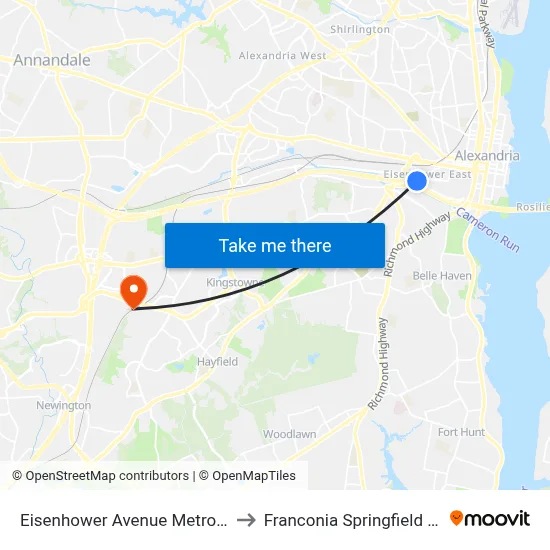 Eisenhower Avenue Metro Station to Franconia Springfield Station map