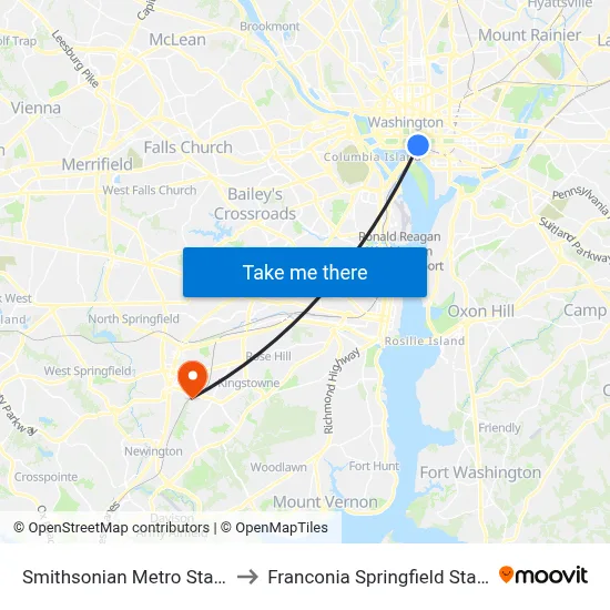 Smithsonian Metro Station to Franconia Springfield Station map