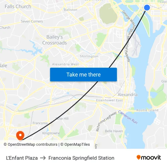 L'Enfant Plaza to Franconia Springfield Station map