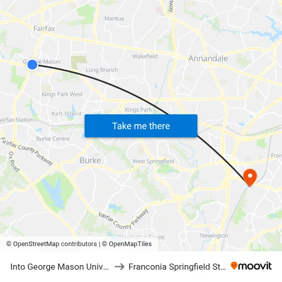 Into George Mason University to Franconia Springfield Station map