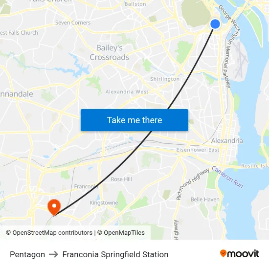 Pentagon to Franconia Springfield Station map