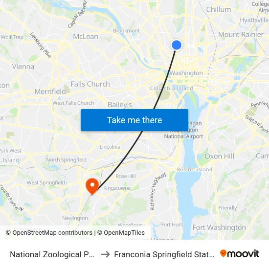 National Zoological Park to Franconia Springfield Station map