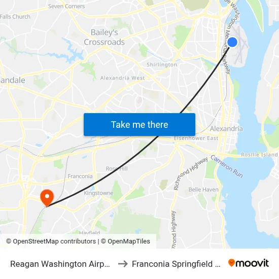 Reagan Washington Airport DCA to Franconia Springfield Station map