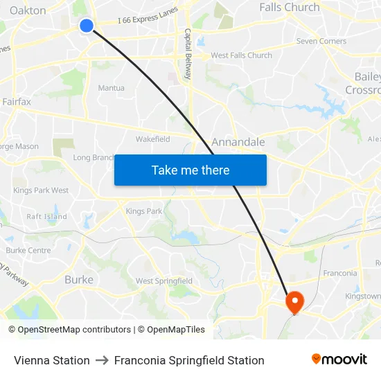 Vienna Station to Franconia Springfield Station map