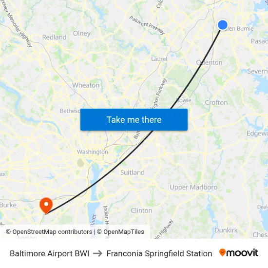 Baltimore Airport BWI to Franconia Springfield Station map