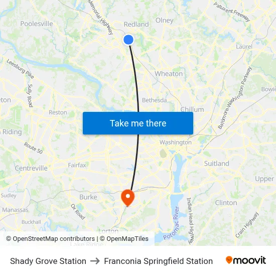 Shady Grove Station to Franconia Springfield Station map