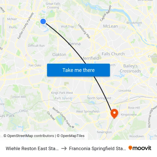 Wiehle Reston East Station to Franconia Springfield Station map