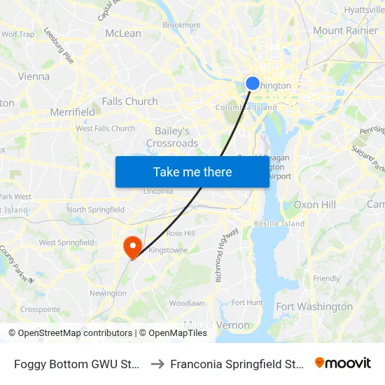 Foggy Bottom GWU Station to Franconia Springfield Station map